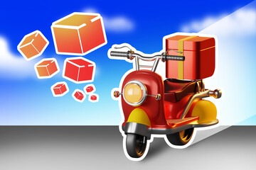 Express delivery. A scooter with parcels. Cartoon motorcycle delivers parcels. A red motorbike. Home delivery of orders. Courier business. Logistics and transportation, collage. 3d image