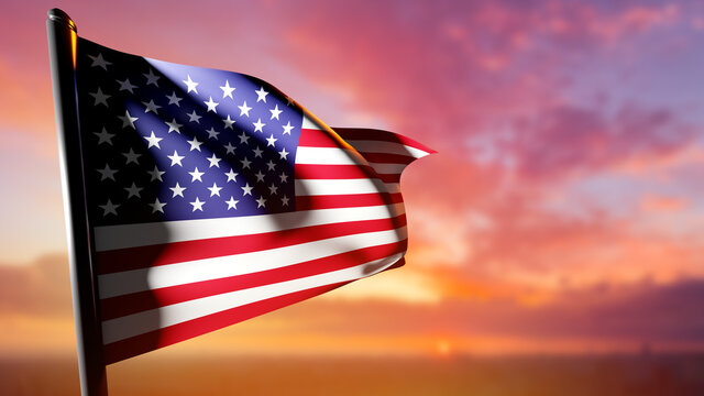 The flag of America is waving in the wind. The American flag on the background of a blurry sunset sky. National flags. The patriotic symbol of the United States. Official symbols of states. 3d image