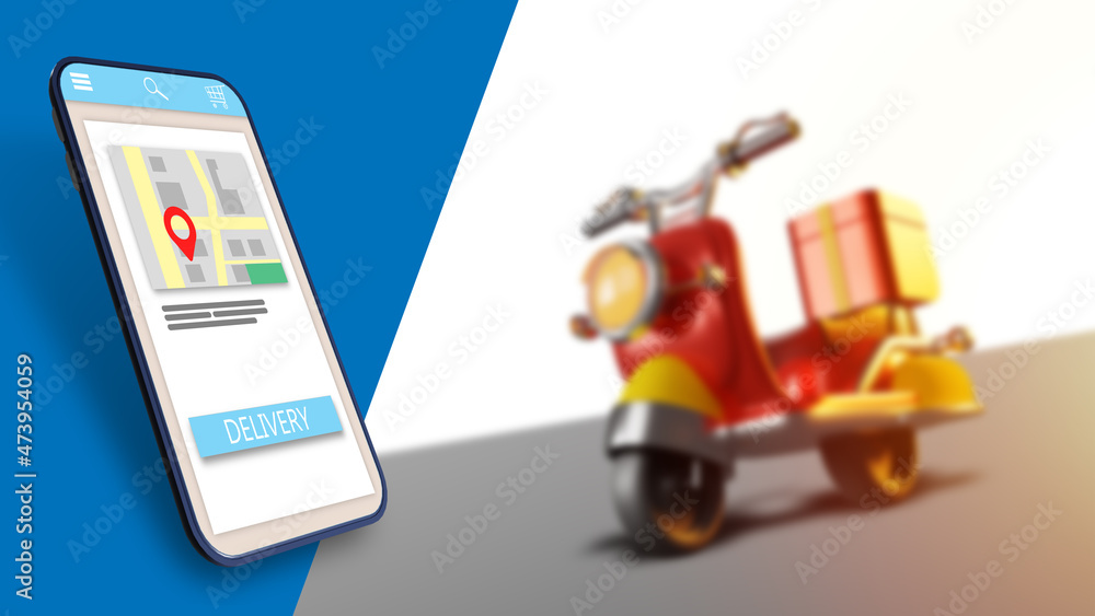 Poster delivery app interface and scooter. tracking courier position on smartphone. courier route on app. c