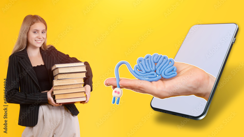 Poster e-learning concept. female student with books on orange background. plug-in brain mock up in smartph