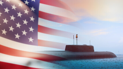 The US Armed Forces. The American Army. Submarine on the background of the flag of America. Nuclear...
