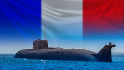 French submarine. The French Navy. Naval forces of the French Republic. Nuclear submarine on the background of the French flag. Fleet of the countries of the world. Protection of maritime borders. - obrazy, fototapety, plakaty
