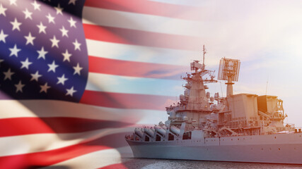 American Navy. Missile cruiser on the background of the US flag. American warship with missiles and...
