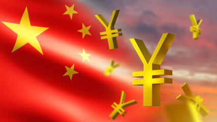 Gold yuan icon on Chinese flag background. Chinese currency symbols and the sunset sky. China's economic crisis. Currency of China. Payments in yuan. Economy and finance. 3d image
