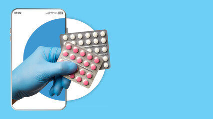 Hand extends pills from the smartphone. Sale of medicines. Pharmacy online. A hand in rubber gloves with pill blisters. Collage with smartphone and medicine. Blue background with space for text.