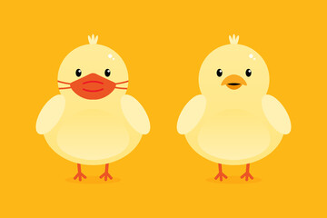 Couple of cute cartoon style yellow baby chickens with medical mask and without for poultry and Easter design. Vector illustration, icons.