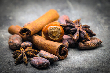 noix, bâtons de cannelle et étoiles d'anis sur un fond sombre. Épices d'hiver 