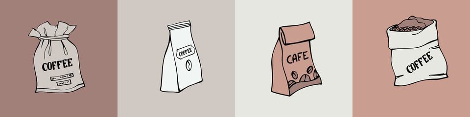 Paper and canvas bags with coffee beans. Hand drawn line sketch. Line art. Colourful vector illustration. 