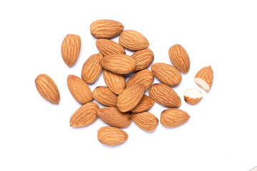 Almond nuts isolated on white background. Top view. Flat lay.