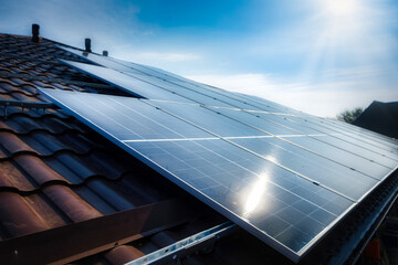 Solar panel on a red roof reflecting the sun and the cloudless blue sky