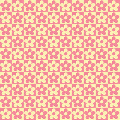 Chess table seamless pattern with geometric flowers. Simple and trendy flat vector illustration in retro style. Colorful background, 60s, 70s, hippie aesthetic