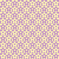 Chess table seamless pattern with geometric flowers. Simple and trendy flat vector illustration in retro style. Colorful background, 60s, 70s, hippie aesthetic