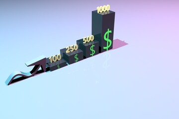 Illustration of income growth in 3D dollars. Growth of cash investments in dollars concept.