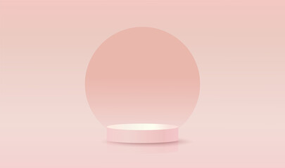 Minimal pink 3d scene product showcase mockup. Pastel pink color round cylinder podium stand with circle background horizontal poster. Your design display scene 3d vector background template.