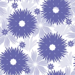 Wall murals Very peri Hand-drawn seamless pattern with floral print. Abstract lavender daisies on white background. Vector pattern for printing on fabric, gift wrapping, covers, wallpapers. Trending color of 2022.