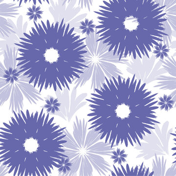 Hand-drawn seamless pattern with floral print. Abstract lavender daisies on white background. Vector pattern for printing on fabric, gift wrapping, covers, wallpapers. Trending color of 2022.