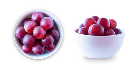 Grapes isolated on white background. Grapes in a bowl in frontal view and top view. Bunch of grape isolated on white background. Pink bunch grape isolated on white.