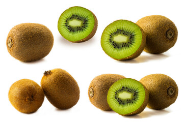 Kiwi fruit and slice isolated on white background. Tropical fruits on white. A set of kiwi fruits...
