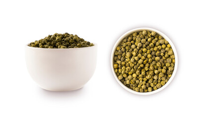 Green pepper on white background. Dried green peppercorns isolated on white. Heap of green peppercorns isolated on white background.