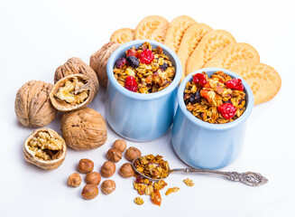 Oatmeal muesli with nuts and cherries healthy breakfast