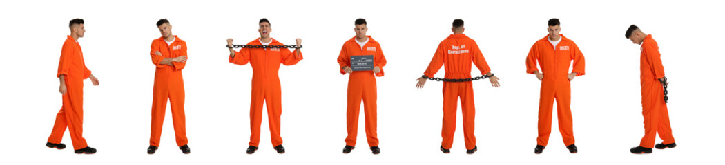 Collage with photos of prisoner on white background. Banner design