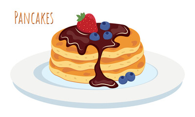 Pancakes on plate with chocolate topping, strawberry and blueberries. Traditional American breakfast concept vector illustration