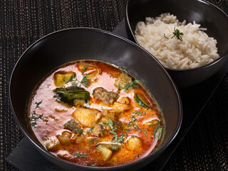 Chicken tikka masala spicy curry meat food, butter chicken with rice