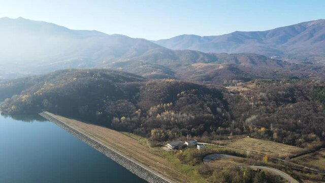 Aerial view of Srechenska Bara Reservoir, Montana Region, Bulgaria
