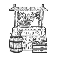 Street fish trade shop sketch raster illustration