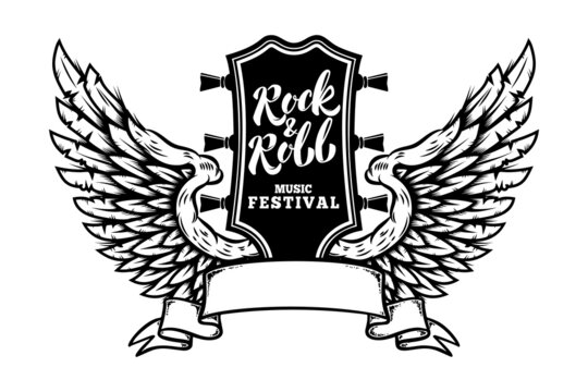Rock music festival. Illustration of winged rock guitar. Design element for logo, label, sign. Vector illustration