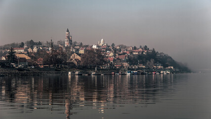Fototapeta premium Serbia - View of the Gardoš, hill in Zemun placed on the banks of the Danube, at a misty winter day