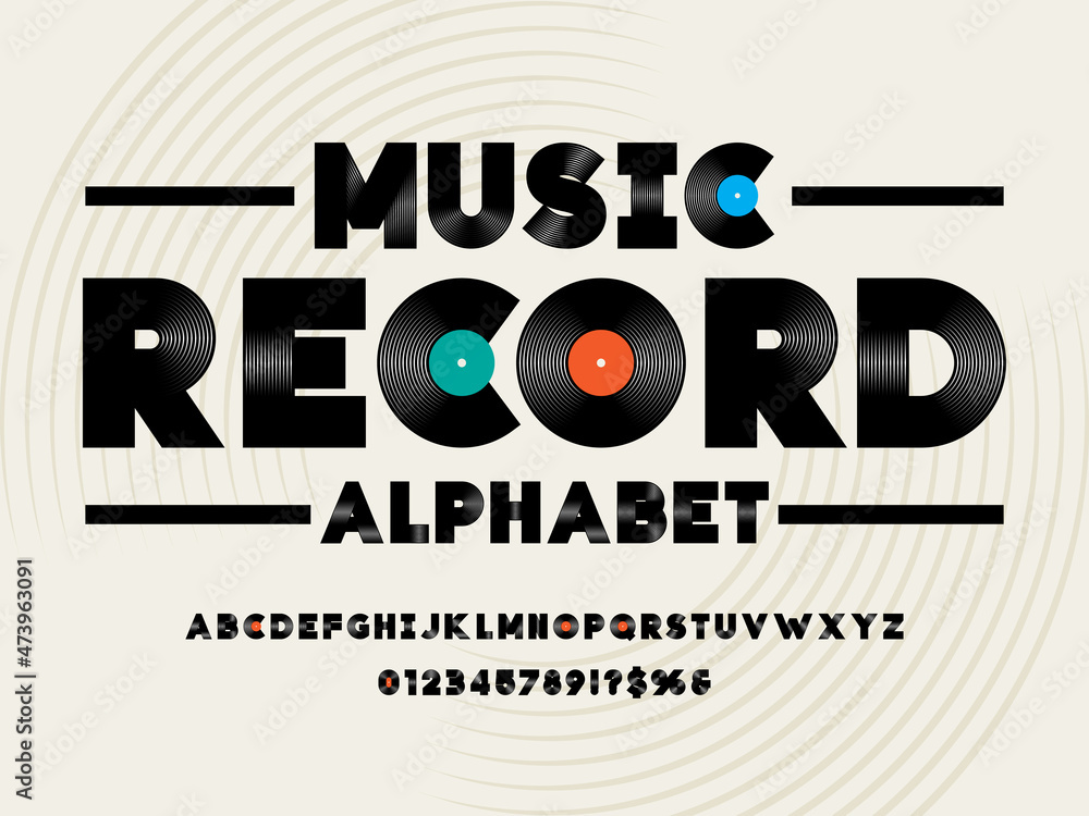 Poster vector of phonograph disc record font and alphabet design with uppercase, numbers and symbols
