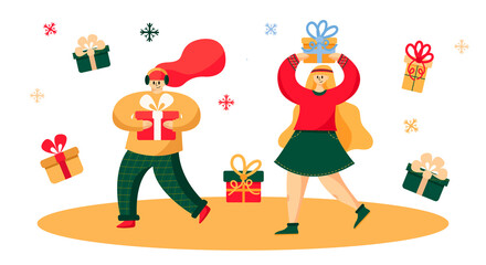 Fototapeta premium Funny cute girls with gifts in their hands. Vector illustration in a flat style. Christmas illustration with gifts and snowflakes for postcards, posters, banners.