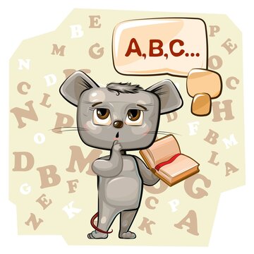 Cute Mouse baby is trying to count. Studying numbers and counting. Funny animal kid. Abstract backdrop. Mathematics illustration for children. Isolated over white background. Vector