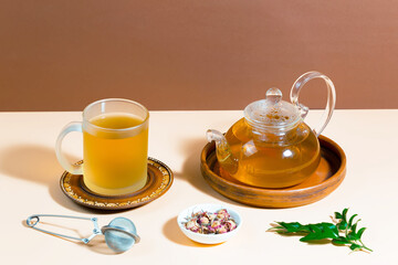 Tea with dessert on a bright colored background