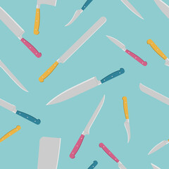 Seamless pattern of kitchen knives with colorful handles on blue background.