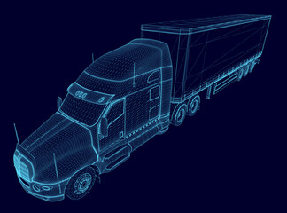 Wireframe of a truck with a wagon from blue lines isolated on a dark background. Perspective view. 3D. Vector illustration