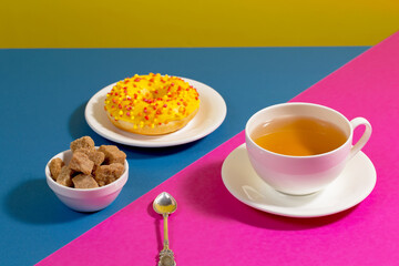Tea with dessert on a bright colored background