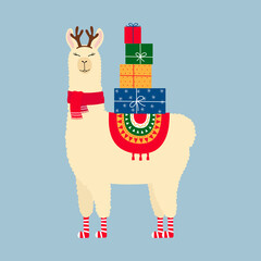 Cute llama in deer antlers and scarf, with gift boxes. Funny character on blue background. Concept for Christmas card, invitation