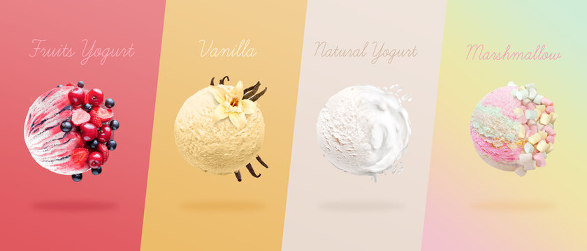 3d illustration. Scoops of ice cream with four Types of Chocolate different. various flavors, with fruit yogurt, vanilla, natural yogurt and marshmallow.