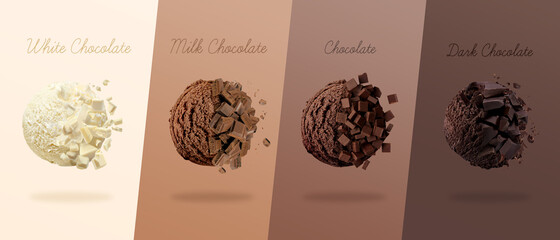 3D render. Scoops of ice cream with four Types of Chocolate different. white chocolate, milk chocolate, chocolate and dark chocolate.