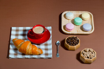 Coffee with dessert on a bright colored 