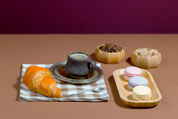 Coffee with dessert on a bright colored 