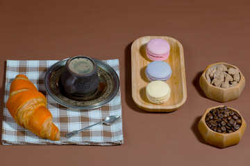 Coffee with dessert on a bright colored 