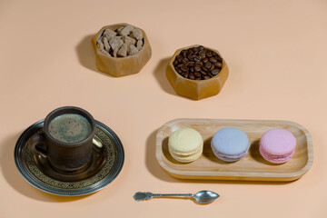 Coffee with dessert on a bright colored 