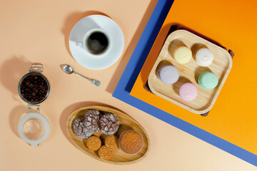 Coffee with dessert on a bright colored 