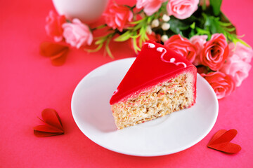 Red nut merengue cake in a plate for Valentine's day
