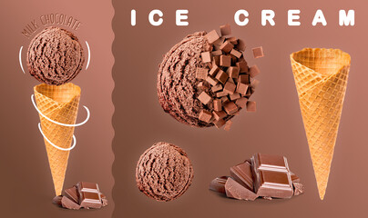 Milk chocolate ice cream. Scoops of milk chocolate ice cream with waffle cone and milk chocolate photography. 3D illustration for banners, landing pages and web pages with summer motifs