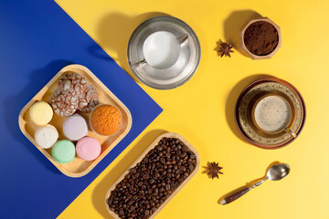 Coffee with dessert on a bright colored background 