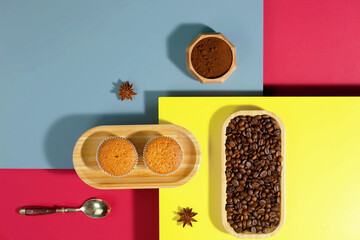 Coffee with dessert on a bright colored 